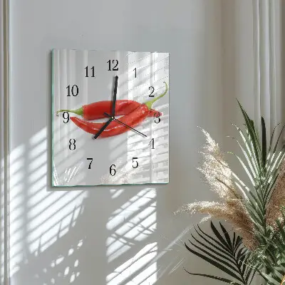 Čtvercové skleněné hodiny na zeď Chilli paprička