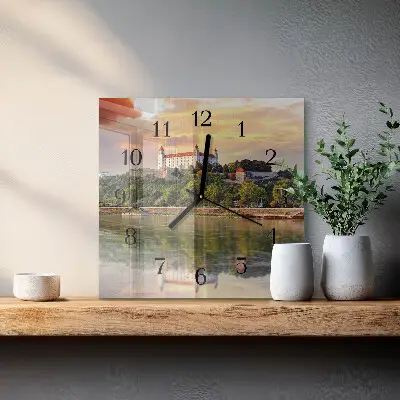 Čtvercové skleněné hodiny na zeď Hrad na řece
