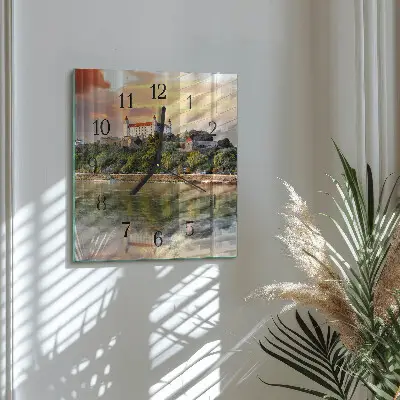 Čtvercové skleněné hodiny na zeď Hrad na řece