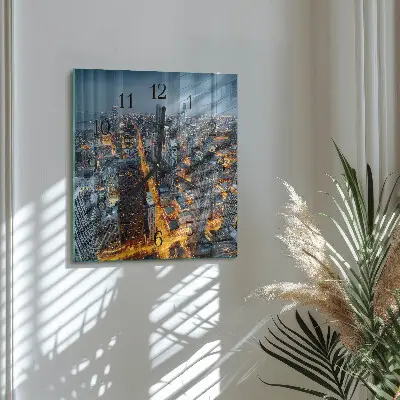 Čtvercové skleněné hodiny na zeď Noční město