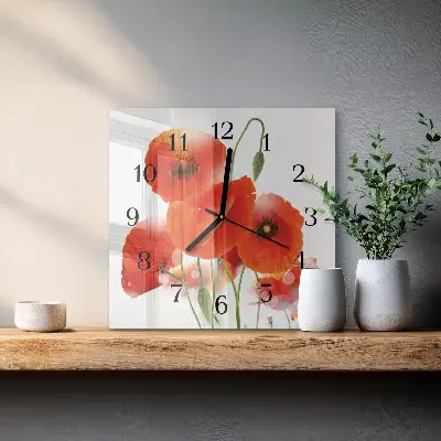Čtvercové skleněné hodiny na zeď Vlčí máky