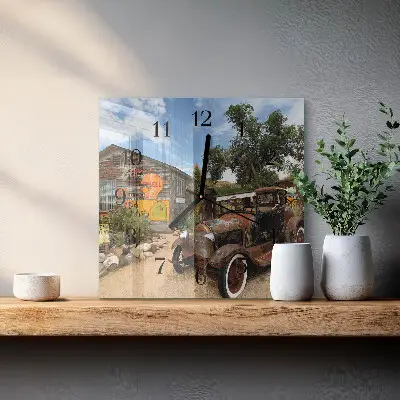 Nástěnné hodiny skleněné čtvercové Staré auto