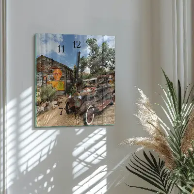 Nástěnné hodiny skleněné čtvercové Staré auto