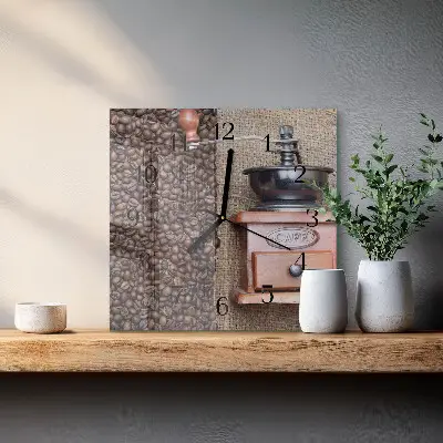 Čtvercové skleněné hodiny na zeď Mlýnek na kávu