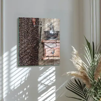 Čtvercové skleněné hodiny na zeď Mlýnek na kávu