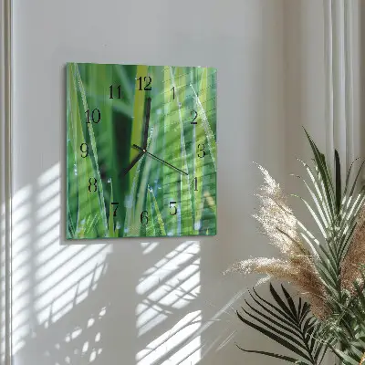 Čtvercové skleněné hodiny na zeď Tráva