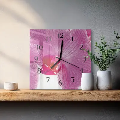 Čtvercové skleněné hodiny na zeď Orchidej