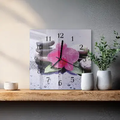 Čtvercové skleněné hodiny na stěnu Orchidej