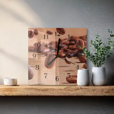 Čtvercové skleněné hodiny na stěnu Kávová zrna