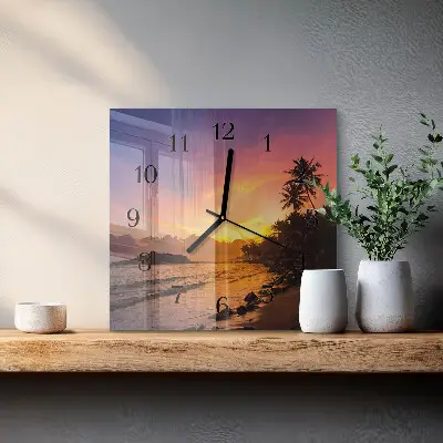 Čtvercové skleněné hodiny na zeď Západ slunce
