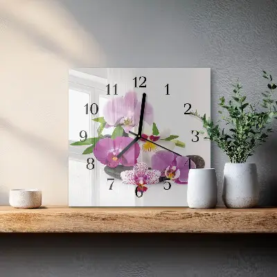 Čtvercové skleněné hodiny na zeď Orchidej
