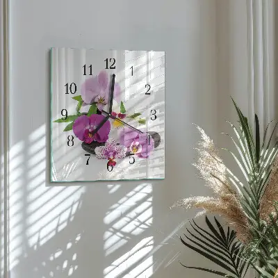 Čtvercové skleněné hodiny na zeď Orchidej