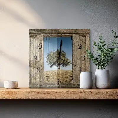Čtvercové skleněné hodiny na stěnu Strom