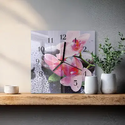 Čtvercové skleněné hodiny na zeď Orchidej