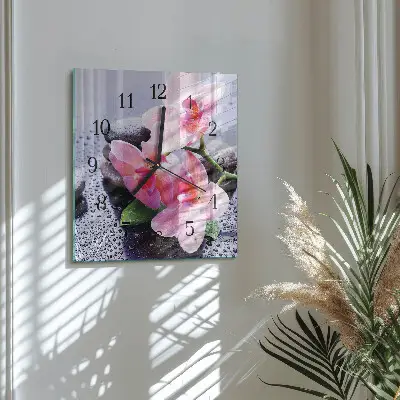 Čtvercové skleněné hodiny na zeď Orchidej