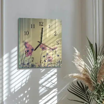Čtvercové skleněné hodiny na stěnu Květiny
