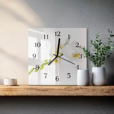 Čtvercové skleněné hodiny na stěnu Orchidej