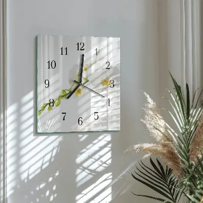 Čtvercové skleněné hodiny na stěnu Orchidej