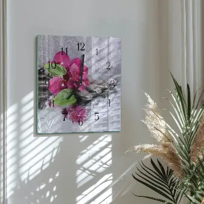 Čtvercové skleněné hodiny na stěnu Orchidej