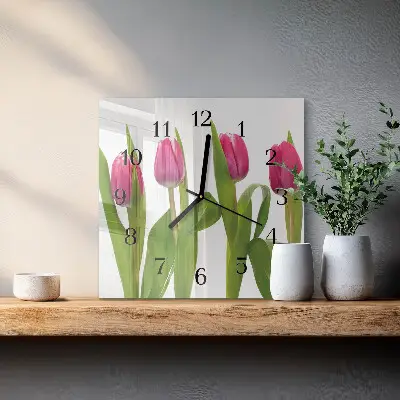 Čtvercové skleněné hodiny na stěnu Tulipány