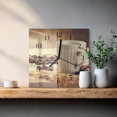 Čtvercové skleněné hodiny na zeď Káva