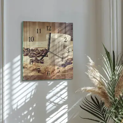 Čtvercové skleněné hodiny na zeď Káva