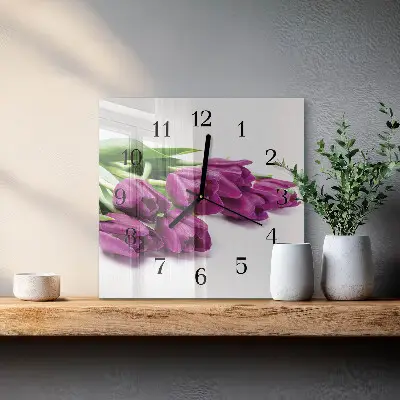 Čtvercové skleněné hodiny na zeď Tulipány