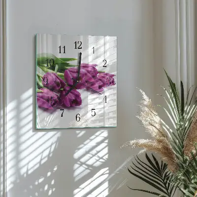 Čtvercové skleněné hodiny na zeď Tulipány