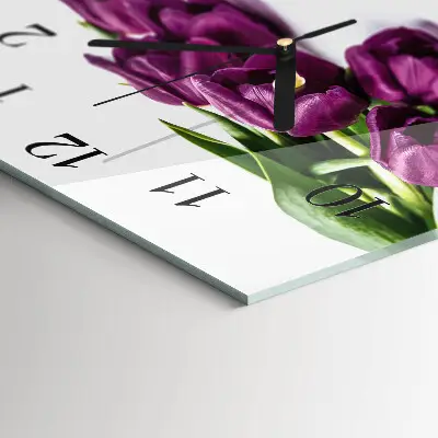 Čtvercové skleněné hodiny na zeď Tulipány