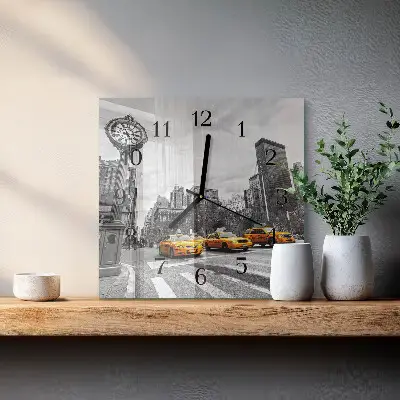 Čtvercové skleněné hodiny na zeď Taxi