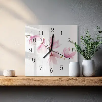 Čtvercové skleněné hodiny na stěnu Magnólie