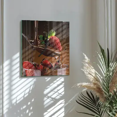 Hodiny s fotkou skleněné čtvercové Jahody v čokoládě