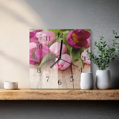 Čtvercové skleněné hodiny na zeď Tulipány