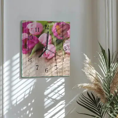 Čtvercové skleněné hodiny na zeď Tulipány