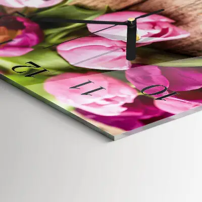 Čtvercové skleněné hodiny na zeď Tulipány