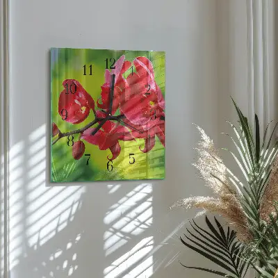 Čtvercové skleněné hodiny na stěnu Orchidej