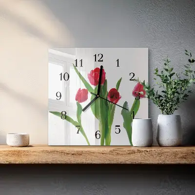 Nástěnné hodiny skleněné čtvercové Tulipány