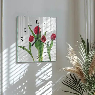 Nástěnné hodiny skleněné čtvercové Tulipány