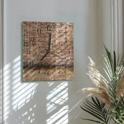 Čtvercové skleněné hodiny na zeď Cihlový