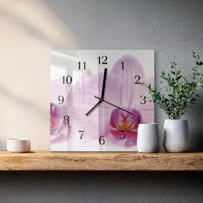 Čtvercové skleněné hodiny na zeď Orchidej