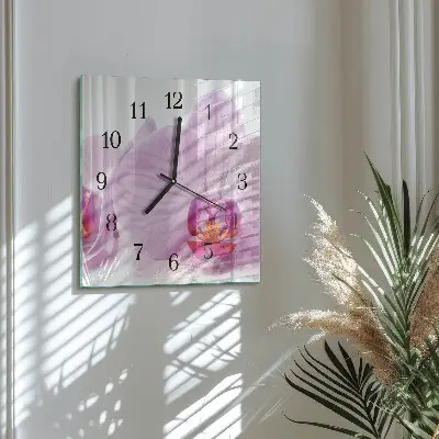 Čtvercové skleněné hodiny na zeď Orchidej