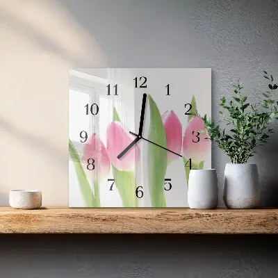 Čtvercové skleněné hodiny na zeď Tulipány