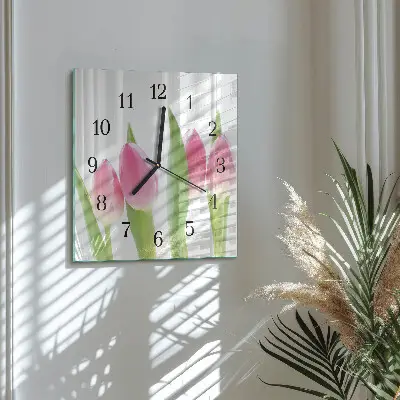 Čtvercové skleněné hodiny na zeď Tulipány