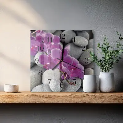 Čtvercové skleněné hodiny na stěnu Kameny a orchidej