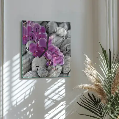 Čtvercové skleněné hodiny na stěnu Kameny a orchidej