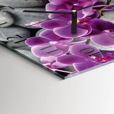 Čtvercové skleněné hodiny na stěnu Kameny a orchidej