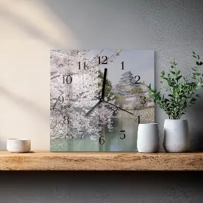 Čtvercové skleněné hodiny na zeď Třešně