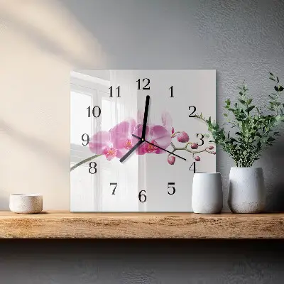 Čtvercové skleněné hodiny na stěnu Orchidej