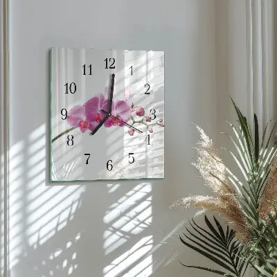 Čtvercové skleněné hodiny na stěnu Orchidej