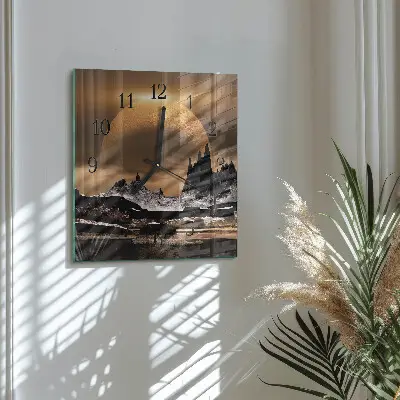 Čtvercové skleněné hodiny na zeď Hory